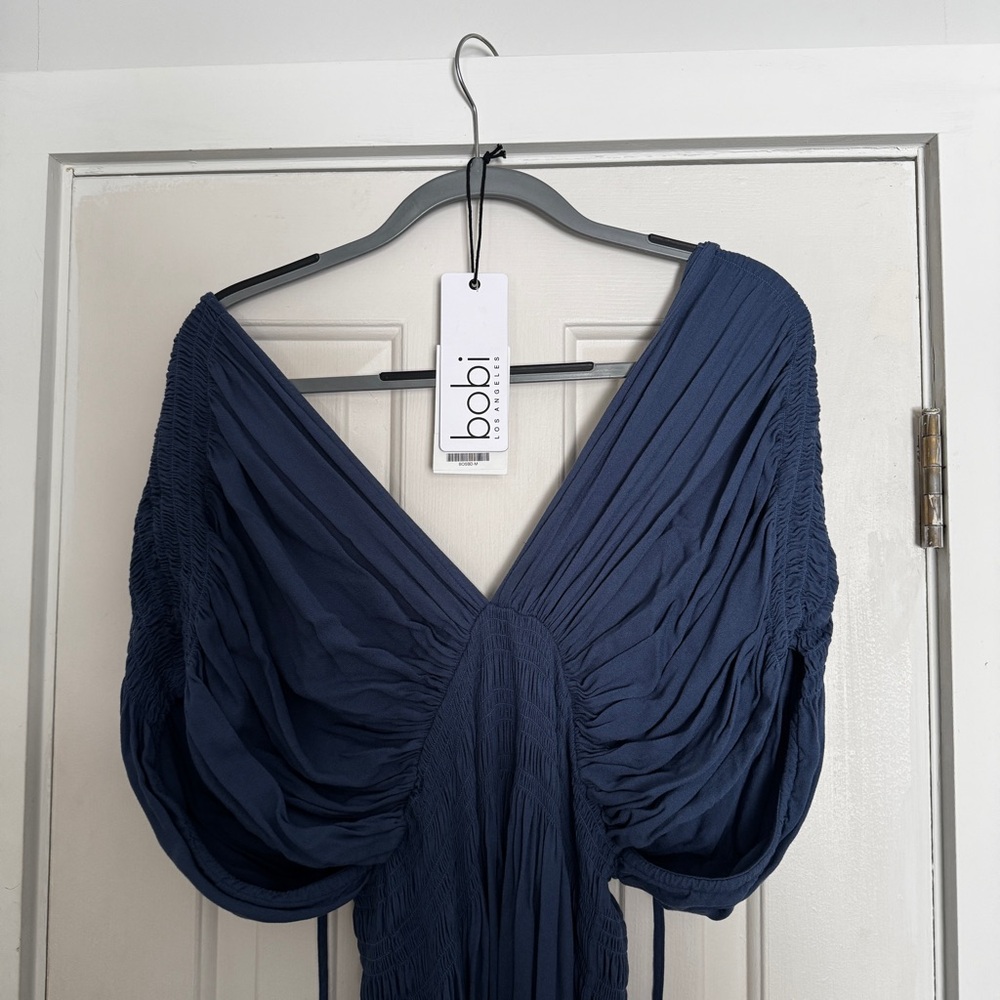 Bobi Navy Gathered V-Neck Dress